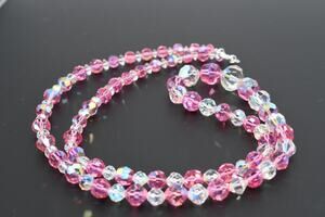 Vintage Pink Crystal Bead Necklace Clear AB Graduated 28 Inch 1960s